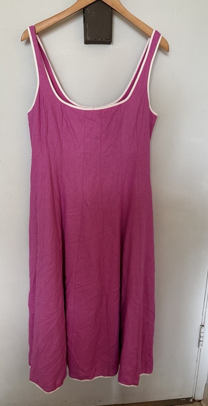 Avec Les Filles Size 12 Pink Linen Midi Dress Romantic Cottage Piping Lined